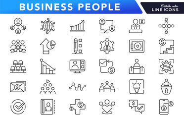 Business people linear icon set. Management, skills, practice, training, networking, knowledge, goal, setting, progress, coaching, meeting outline icons. Ui thin line icon pack.