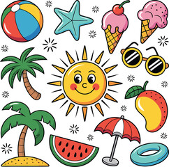 Colorful Summer Icons Beach Ball Ice Cream Sun Palm Trees Watermelon