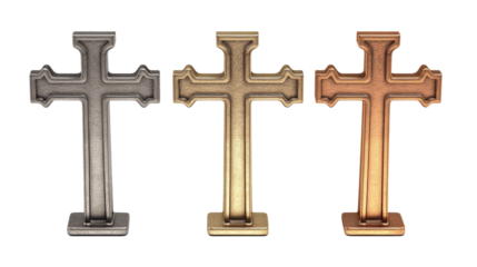 Set of three Christian Crosses representing gold, silver, and bronze metals, standing side by side for Christian symbolism, worship and divine belief, Transparent background, PNG file