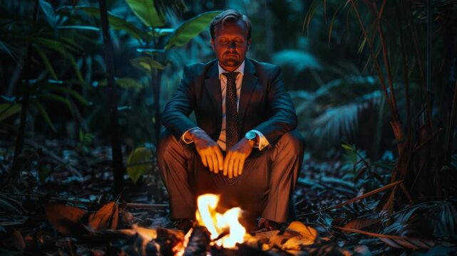 Businessman in suit sitting by campfire in jungle at night symbolizing survival, contrast and isolation.