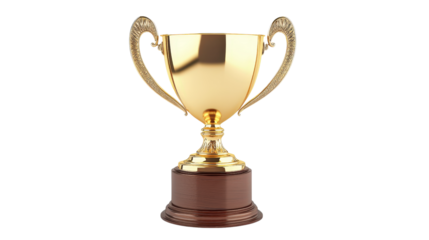 Shiny gold trophy with elegant handles and a wooden base, symbol of victory and success, winner award concept, Transparent background, PNG file