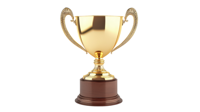 Shiny gold trophy with elegant handles and a wooden base, symbol of victory and success, winner award concept, Transparent background, PNG file