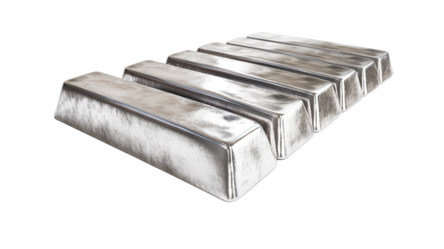 Silver ingots aligned in a row with strong shadows, illustrating financial stability and physical asset protection, Transparent background, PNG file