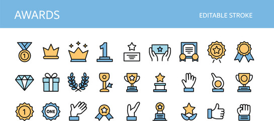 Awards icons in line style with editable stroke