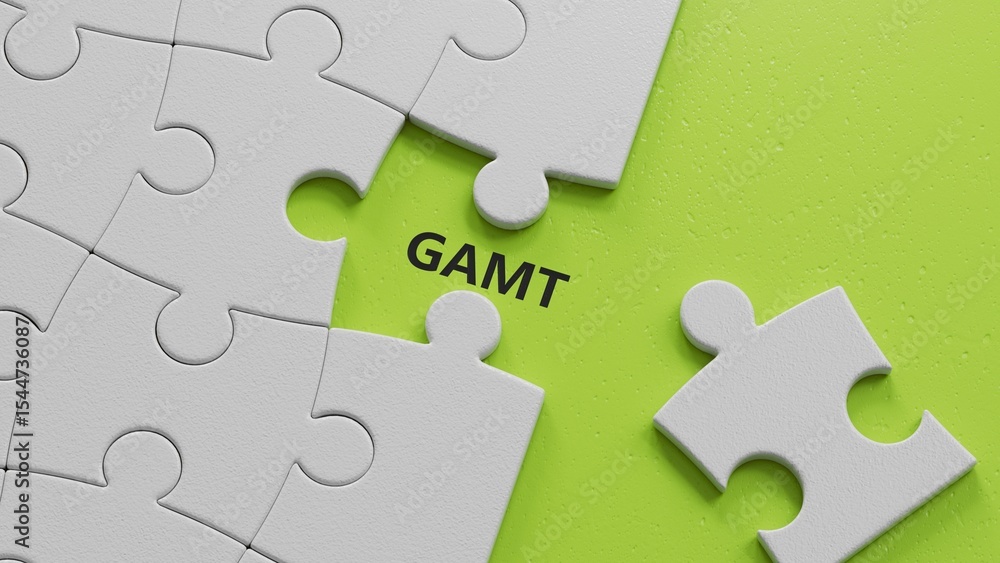 Poster the white puzzle pieces with missing pieces with the word gamt. care concept.close up of the white p