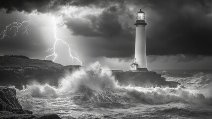 Dramatic Lighthouse Scene with Stormy Waves and Lightning in Black and White Capturing Nature's Power and Beauty