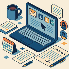 Laptop computer with business news icons on a digital screen, symbolizing online communication and technology