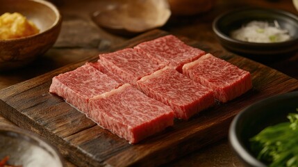 High-Quality Beef Cuts Displayed on Wooden Board in Japanese Restaurant Setting with Various Accompaniments and Natural Lighting