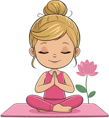 Blonde Girl Meditating Yoga Pose Pink Outfit Lotus Flower