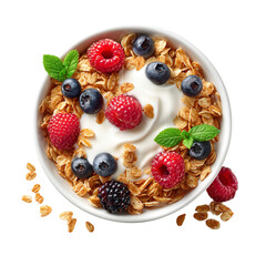 A bowl of granola with yogurt raspberries blueberries and mint leaves on a black background studio shot on transparent background