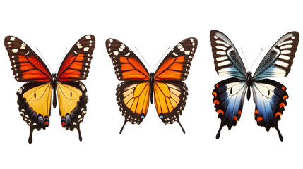 Naklejka premium A neatly arranged set of monarch, swallowtail, and morpho butterflies, combining realistic textures and soft shadows, Transparent background, PNG file