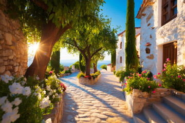Obraz premium Mediterranean Village Sunlit Cobblestone Street Lush Gardens and Whitewashed Houses