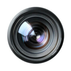 Close up view of a camera lens with visible reflections and circular design on a black background on transparent background