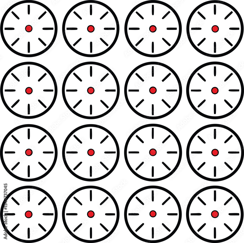 Poster repeating pattern of circular targets with central red dot and radial black lines