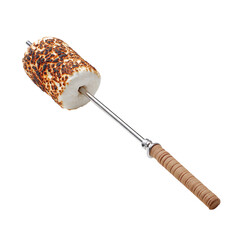 A toasted marshmallow on a metal skewer with a wooden handle against a black background view close up on transparent background