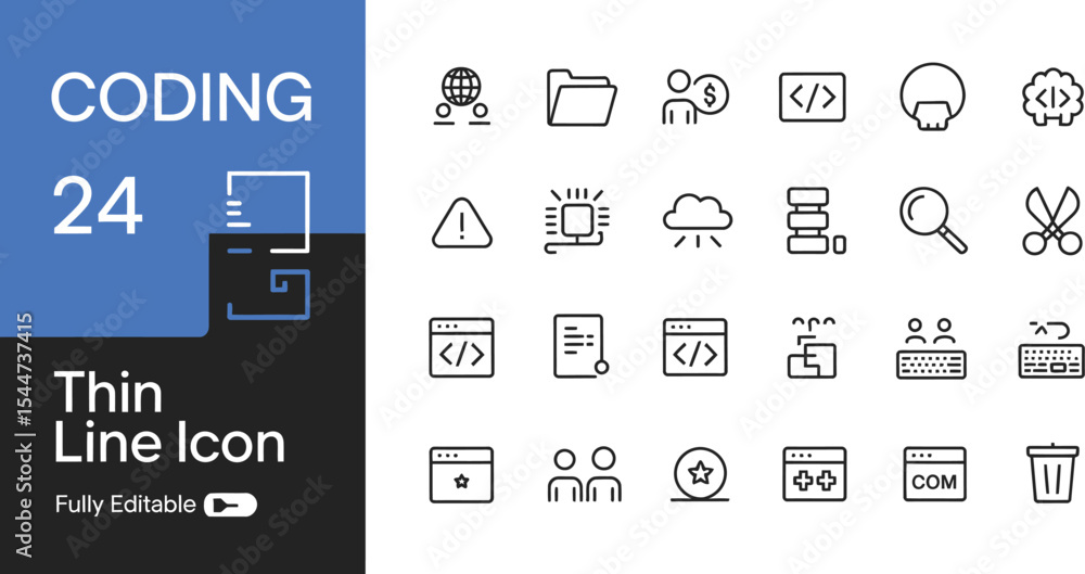 Aufkleber coding thin line icons for development isolated on white background