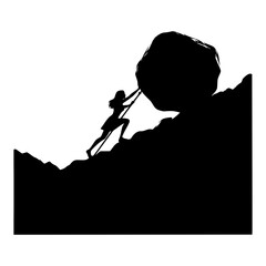 Silhouette of woman pushing large boulder uphill