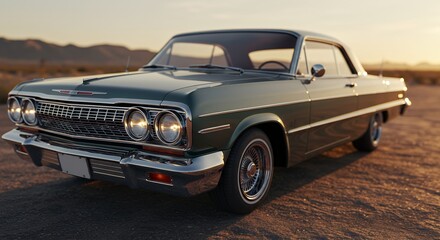 Classic Green Car on Desert Road at Sunset