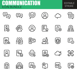 Vector Communication Icon Set Including Devices, Messaging Apps, Voice Calls, Chatbots, Social Platforms, Notifications, and User Interaction Elements
