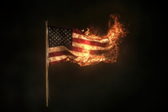 American flag burning in flames - Powered by Adobe