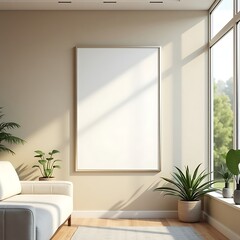 Modern Living Room Frame Mockup – ISO A Paper Size Poster on Wall, Interior Scene with Home Background, 3D Render for Art & Print Display