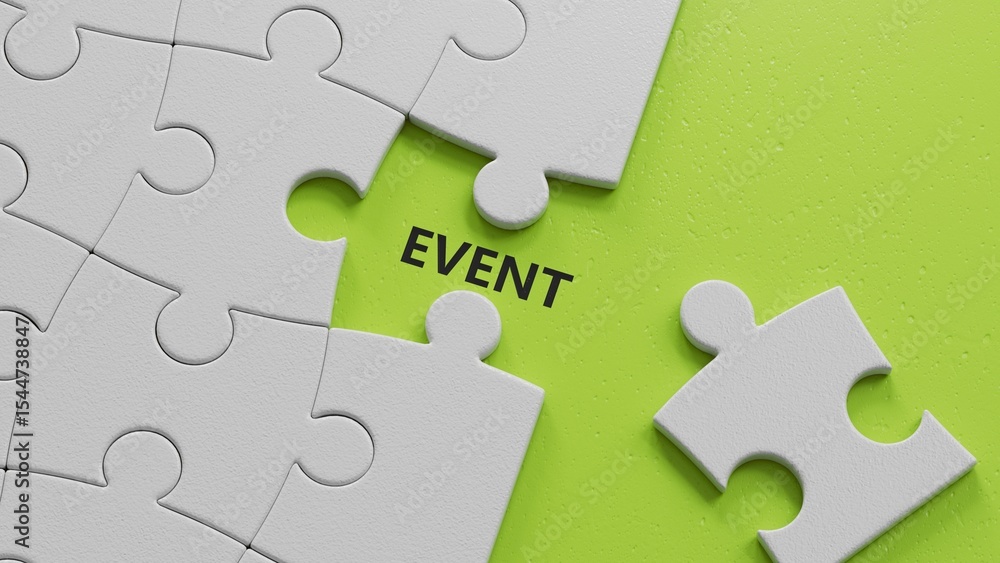 Aufkleber the word event is written on the white puzzle pieces with missing pieces. medical concept.close up o