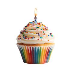 A cupcake with white frosting colorful sprinkles and a lit candle on a black background view on transparent background
