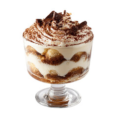 A glass dessert dish filled with tiramisu topped with chocolate shavings and whipped cream layers on transparent background