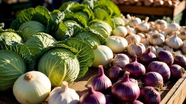 A rustic farmers market table filled with fresh cabbage and garlic. Sunlight illuminates the scene, casting soft shadows and creating a peaceful atmosphere in the vibrant market setting