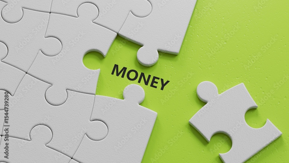 Poster money. spelling.flat lay view from above on green background with buttons