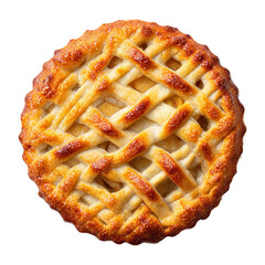 Overhead view of a golden brown lattice topped pie on a solid black background showing the entire pie on transparent background