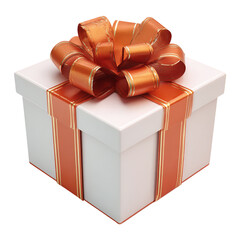 White gift box with orange ribbon and bow isolated on black background for celebrations and holidays on transparent background