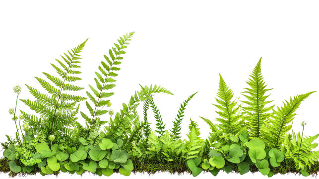 Botanical set featuring Polystichum Setiferum and Matteuccia struthiopteris with vibrant green foliage, Transparent background, PNG file