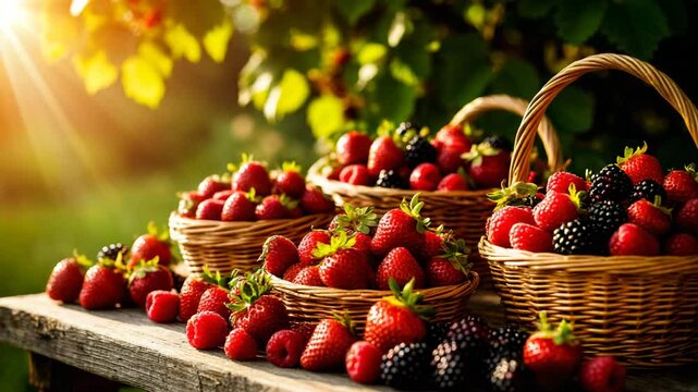 Fresh summer berries like strawberries, blackberries, and raspberries displayed on a rustic wooden table. Bathed in warm sunlight, the berries showcase their vibrant textures, evoking a peaceful, boun