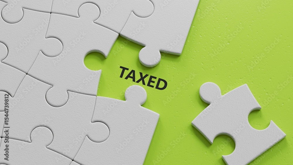 Poster the white puzzle pieces with missing pieces with taxed business word.close up of the white puzzle pi