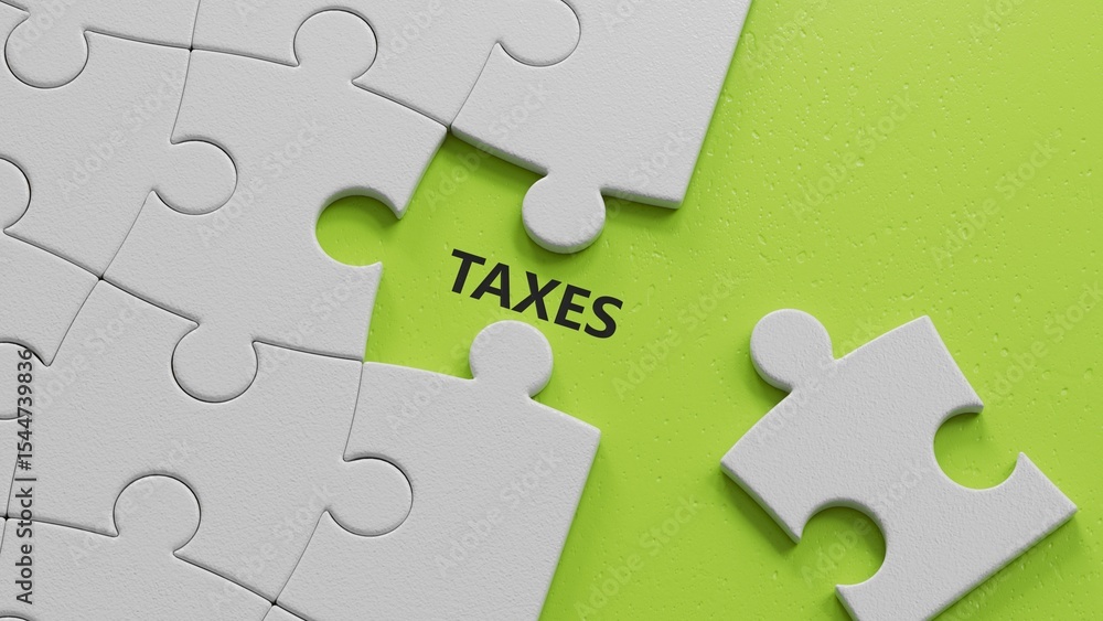 Fototapete the white puzzle pieces with missing pieces with taxes business word.close up of the white puzzle pi