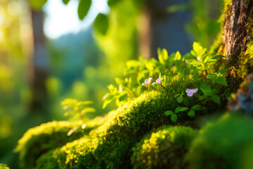 Sunlight Illuminating Moss  Blossoms