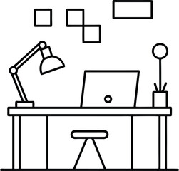 Minimal Office Desk Line Art Outline Vector, Work From Home Setup Illustration Black and White, Modern Workspace Desk Outline for Coloring Page.