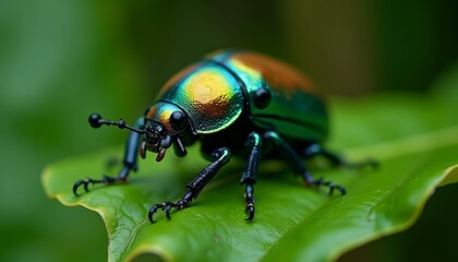 Fototapeta premium Shiny green beetle on leaf