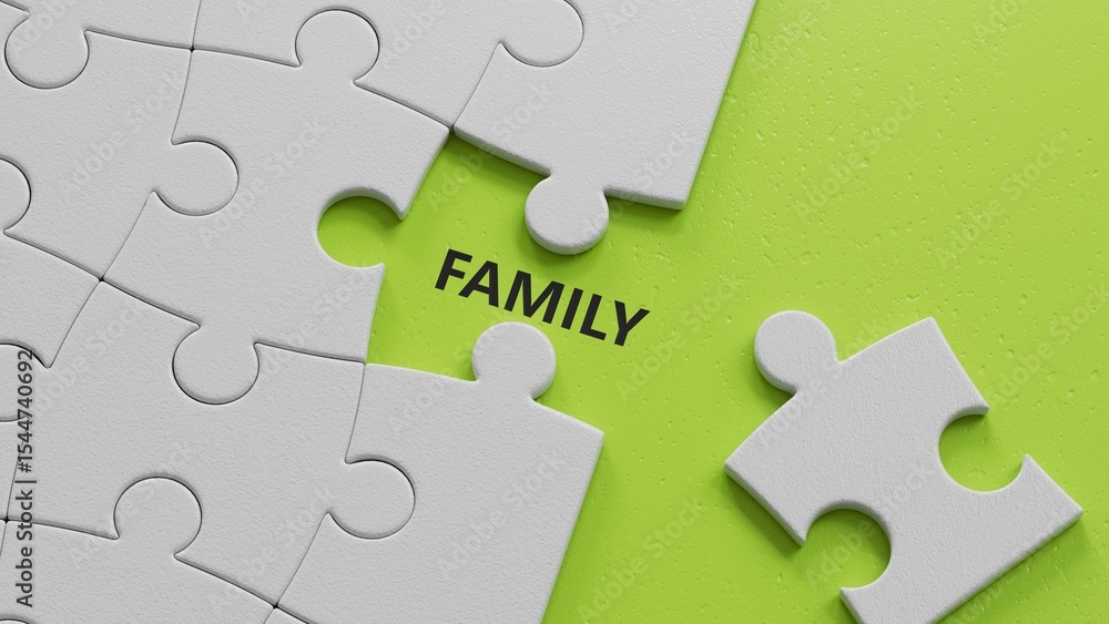 Poster family. spelling.flat lay view from above on green background with buttons