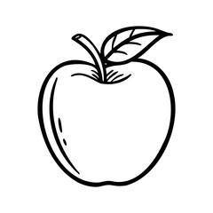 A simple black and white illustration of an apple with a leaf. The apple is round and smooth, showcasing its natural shape and features.