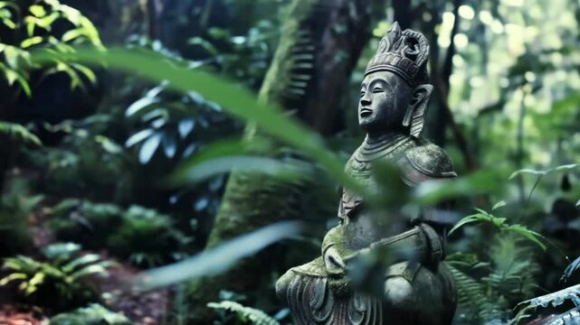 Ancient meditative statue in serene jungle environment covered with moss and surrounded by lush tropical greenery.