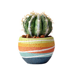 A small green cactus in a colorful striped pot against a black background in studio shot on transparent background