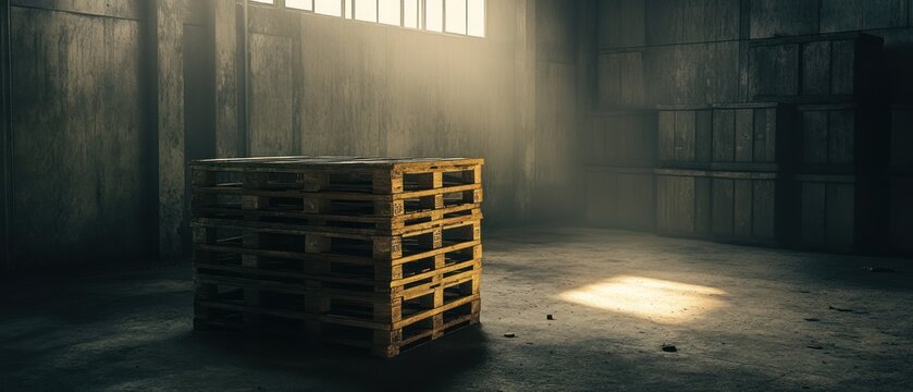 Empty warehouse with wooden pallets and sunlight