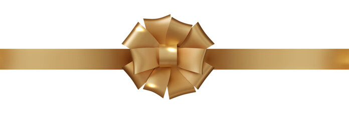 Gold bow realistic with horizontal ribbon decorative elements for birthday ,wedding card, gift card gift present. PNG