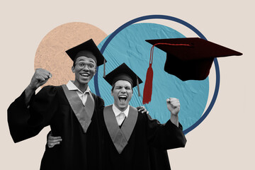 Artwork collage template composite sketch of two guy friends smile hugs smile bachelor hat graduate...