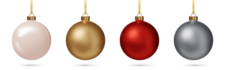 Christmas balls set isolated. Shiny glossy metallic 3D baubles in white, gold, red, and silver paint. Christmas and Happy New Year Holiday hanging decoration PNG