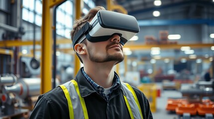 a man with a neat beard, a workshop worker works in production in a VR helmet, mastering new rules and principles of work