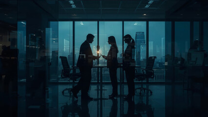 Silhouette of business people working together in the office. The concept of teamwork and partnership.