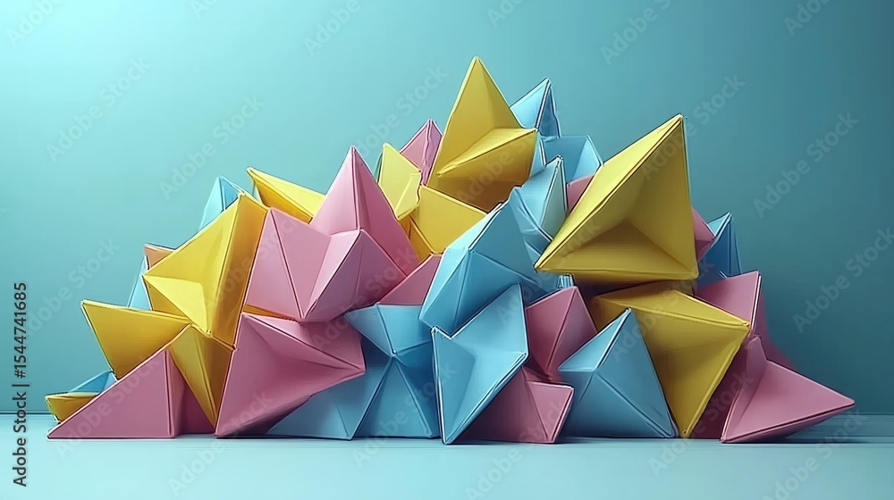 Poster dynamic colorful paper pyramids arrangement studio background abstract art creative environment clos